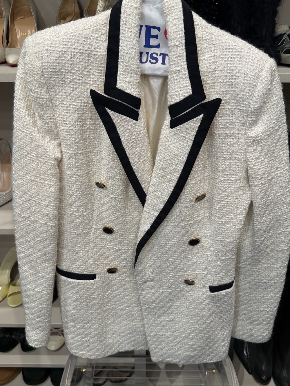 Zara Cream Bouclé Blazer with Black Trim and Gold Buttons
